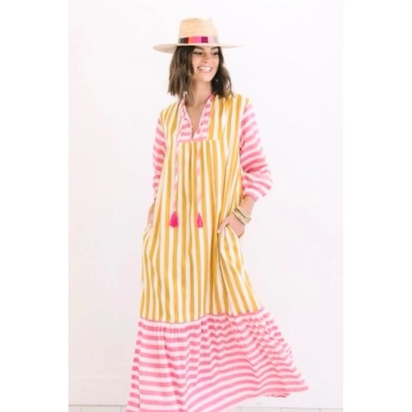 Sunshine Tienda Dresses & Skirts - Sunshine Tienda Pink Yellow striped 3/4 Resort Tropical Beach S maxi dress